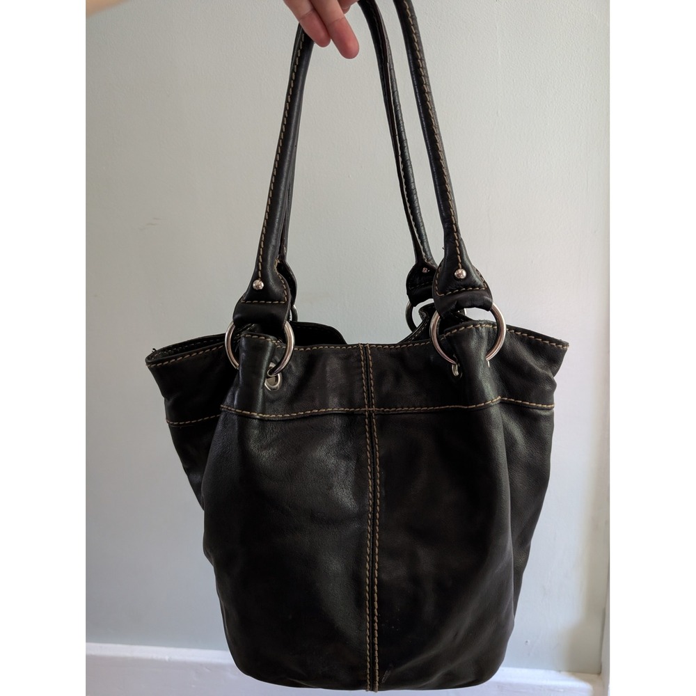 Tignanello Leather Shoulder Hobo Bag Womens Medium Black Y2K Contrast Stitch